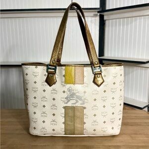 MCM White Visetos Printed Tote Bag